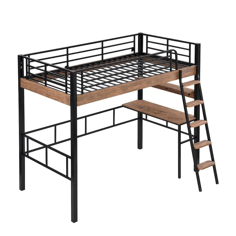 Metal Full Size Loft Bed with Built-in Desk, Storage Shelf and Ladder