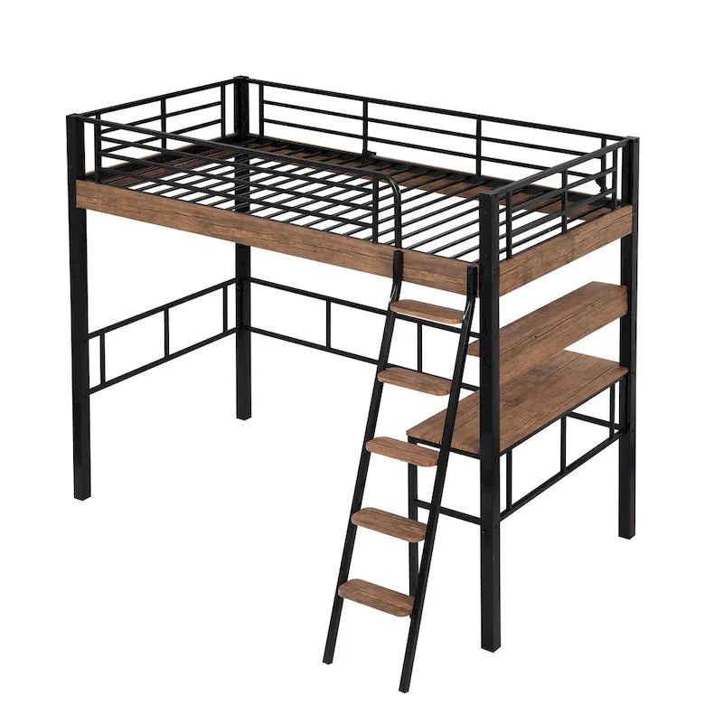 Metal Full Size Loft Bed with Built-in Desk, Storage Shelf and Ladder