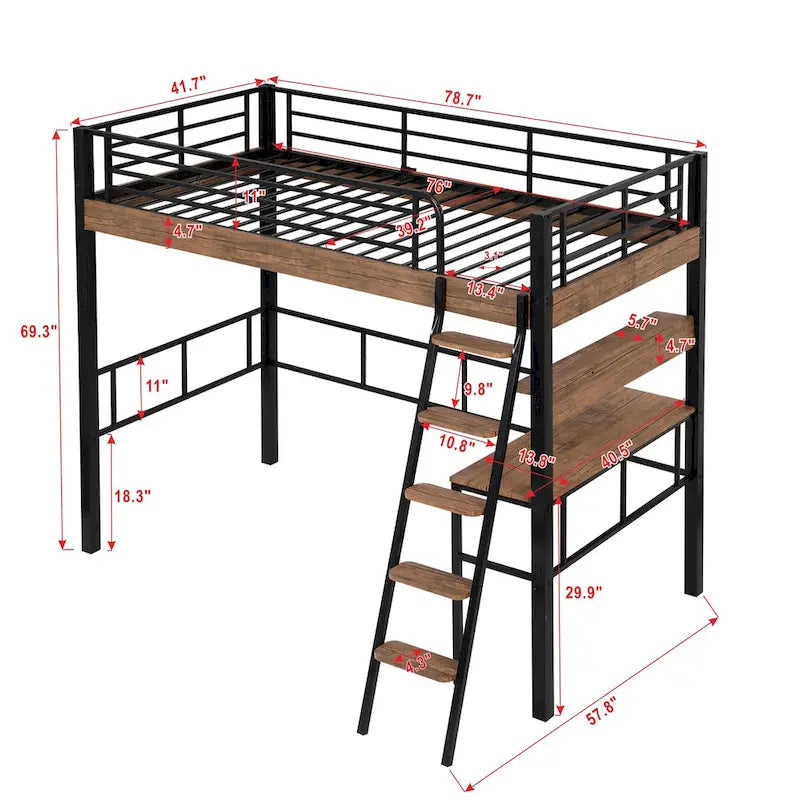 Metal Full Size Loft Bed with Built-in Desk, Storage Shelf and Ladder