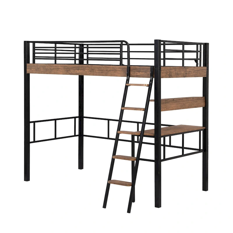 Metal Full Size Loft Bed with Built-in Desk, Storage Shelf and Ladder
