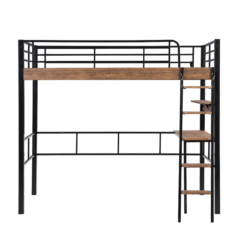 Metal Full Size Loft Bed with Built-in Desk, Storage Shelf and Ladder