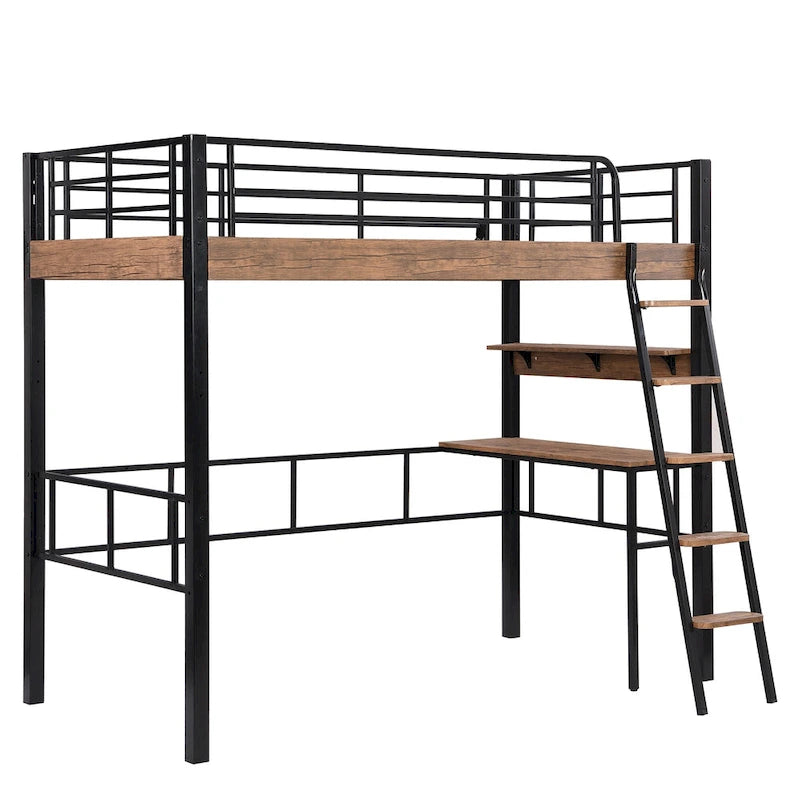 Metal Full Size Loft Bed with Built-in Desk, Storage Shelf and Ladder