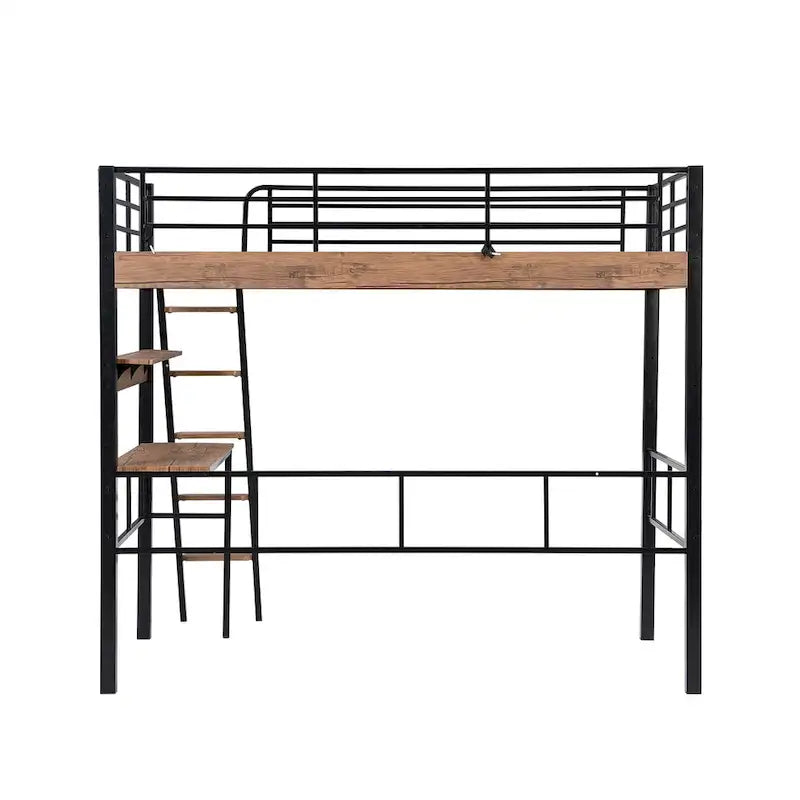 Metal Full Size Loft Bed with Built-in Desk, Storage Shelf and Ladder