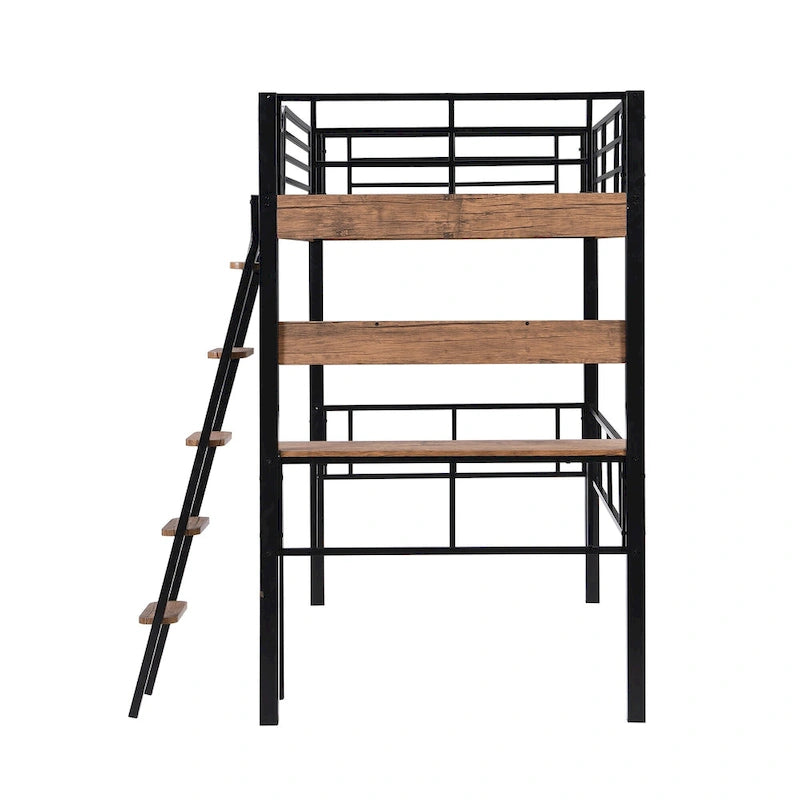 Metal Full Size Loft Bed with Built-in Desk, Storage Shelf and Ladder