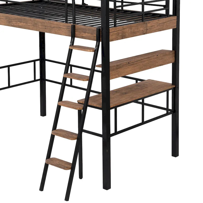 Metal Full Size Loft Bed with Built-in Desk, Storage Shelf and Ladder