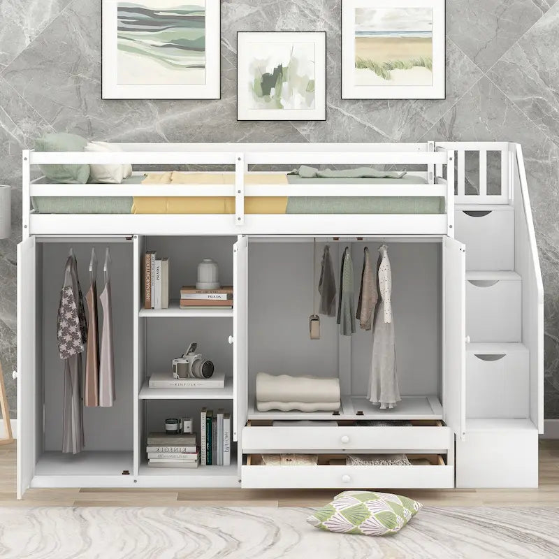 Functional Loft Bed w/3 Shelves,2 Wardrobes,2 Drawers,Storage Ladder