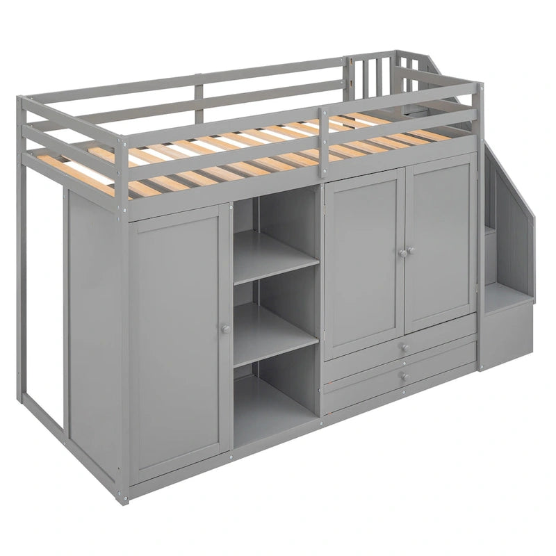 Functional Loft Bed w/3 Shelves,2 Wardrobes,2 Drawers,Storage Ladder