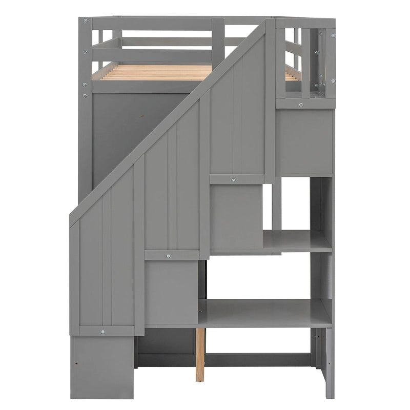 Functional Loft Bed w/3 Shelves,2 Wardrobes,2 Drawers,Storage Ladder
