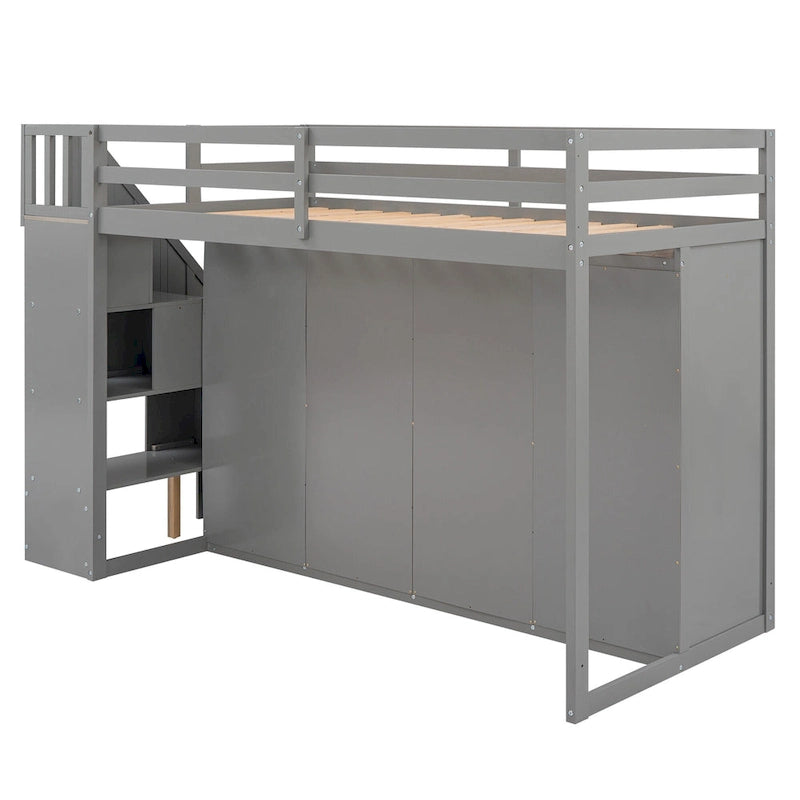 Functional Loft Bed w/3 Shelves,2 Wardrobes,2 Drawers,Storage Ladder