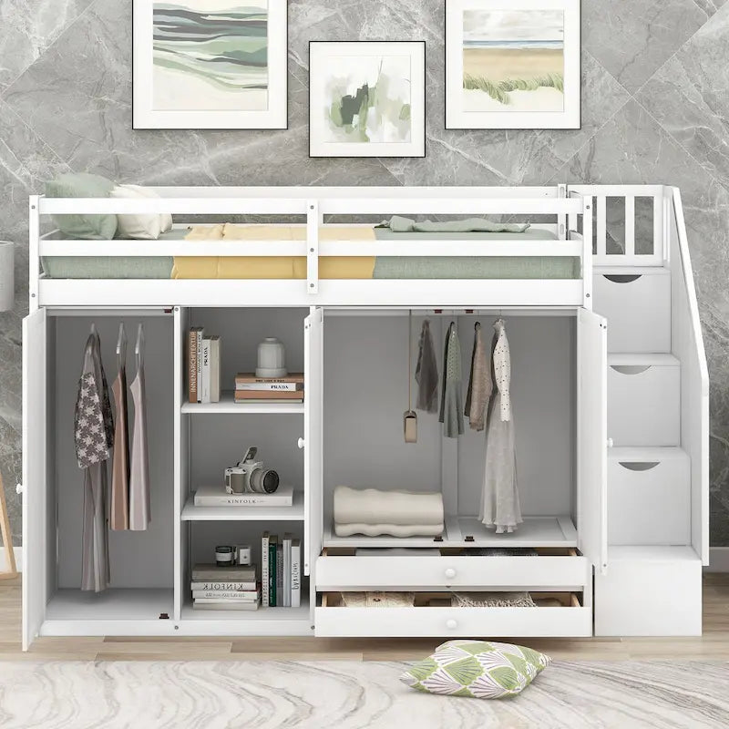 Functional Loft Bed w/3 Shelves,2 Wardrobes,2 Drawers,Storage Ladder
