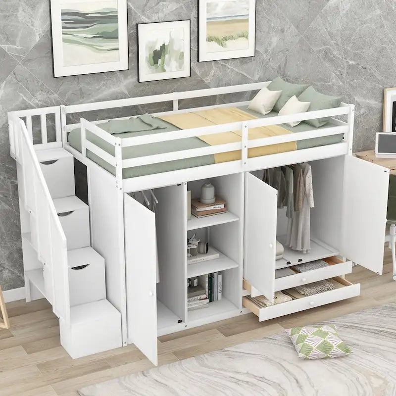 Functional Loft Bed w/3 Shelves,2 Wardrobes,2 Drawers,Storage Ladder