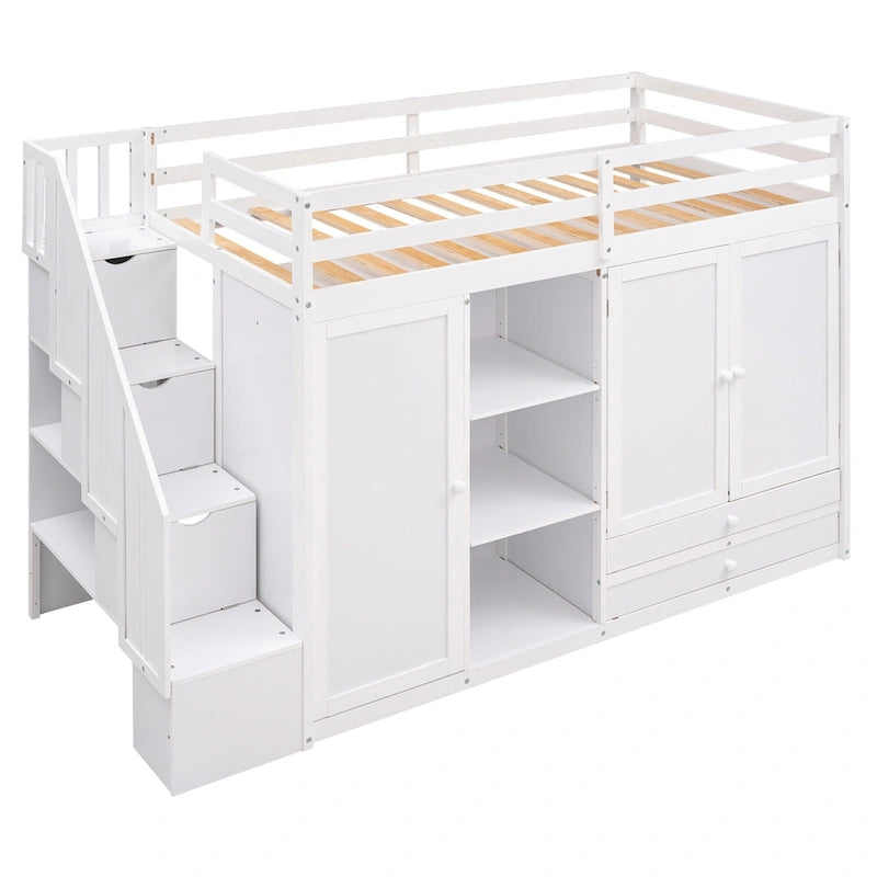 Functional Loft Bed w/3 Shelves,2 Wardrobes,2 Drawers,Storage Ladder
