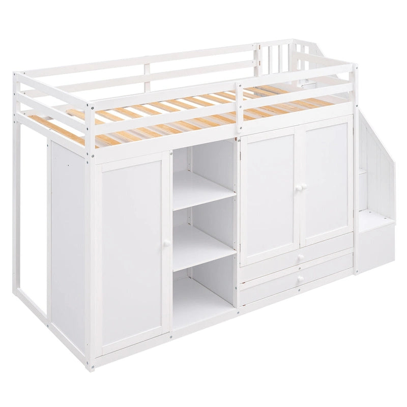 Functional Loft Bed w/3 Shelves,2 Wardrobes,2 Drawers,Storage Ladder
