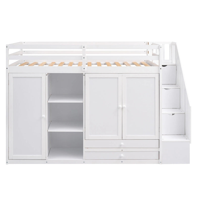 Functional Loft Bed w/3 Shelves,2 Wardrobes,2 Drawers,Storage Ladder