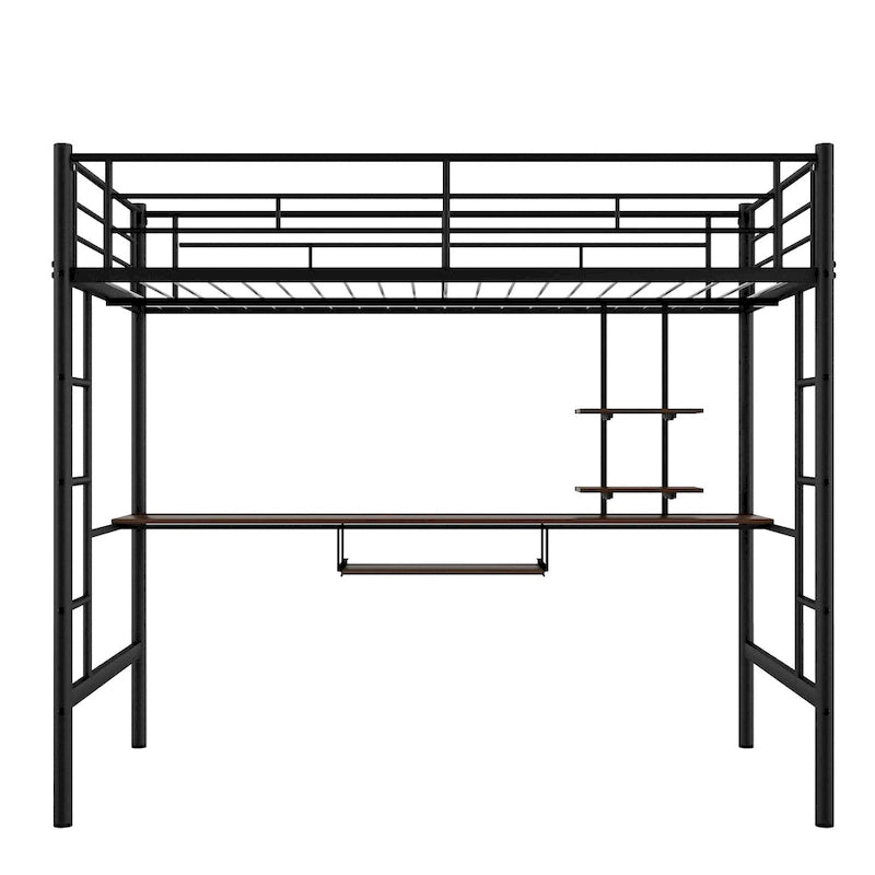 Loft Bed Full Size w/Desk, Storage Shelves, Ladders Full Bed Frame