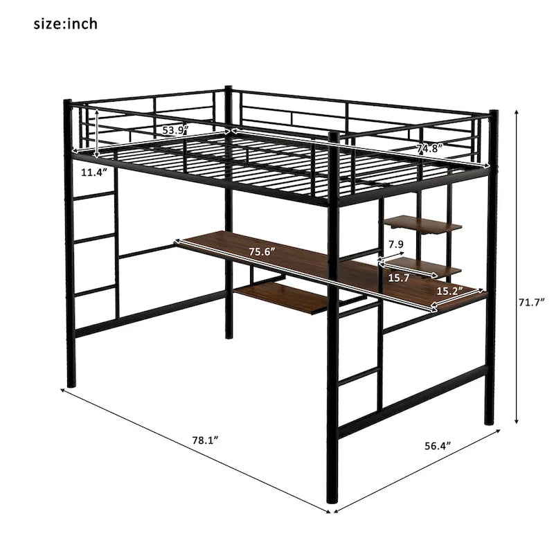 Loft Bed Full Size w/Desk, Storage Shelves, Ladders Full Bed Frame