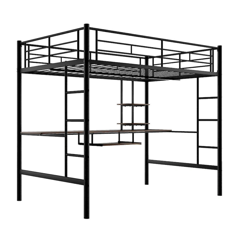 Loft Bed Full Size w/Desk, Storage Shelves, Ladders Full Bed Frame