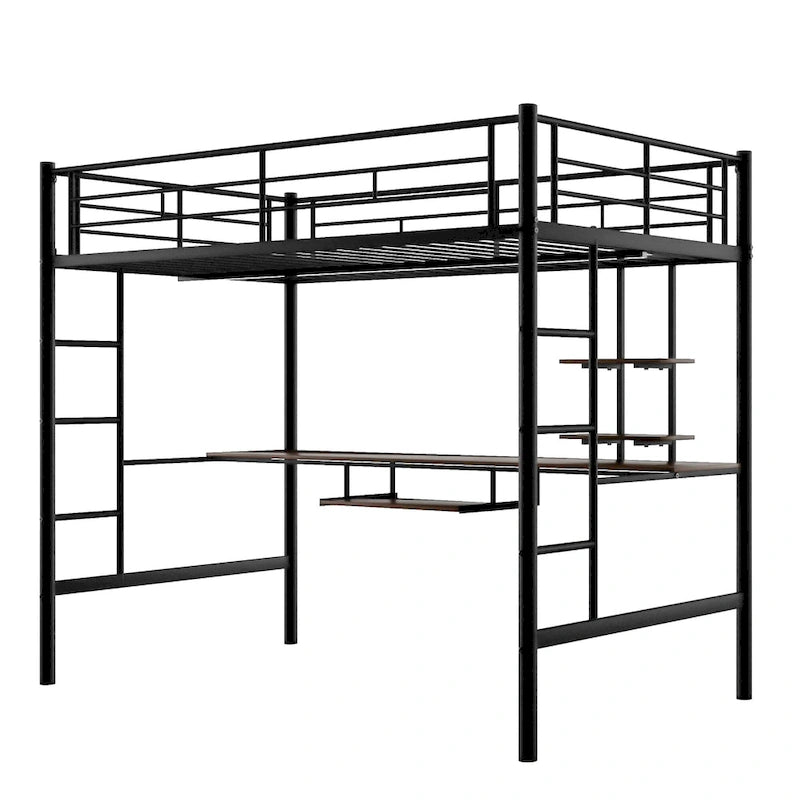 Loft Bed Full Size w/Desk, Storage Shelves, Ladders Full Bed Frame