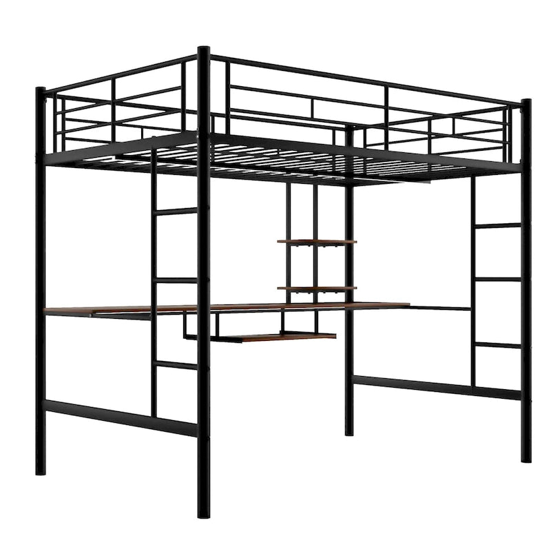 Loft Bed Full Size w/Desk, Storage Shelves, Ladders Full Bed Frame