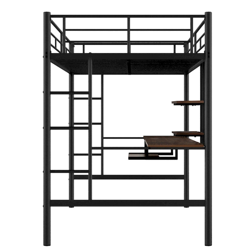 Loft Bed Full Size w/Desk, Storage Shelves, Ladders Full Bed Frame