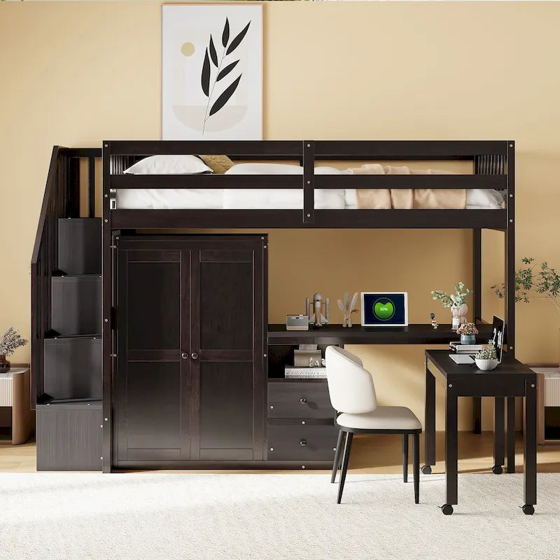 Twin Size Loft Bed with Stairs, Bookshelf, Desk & Wardrobe - Space-Saving Multifunctional Furniture for Kids & Teens-White