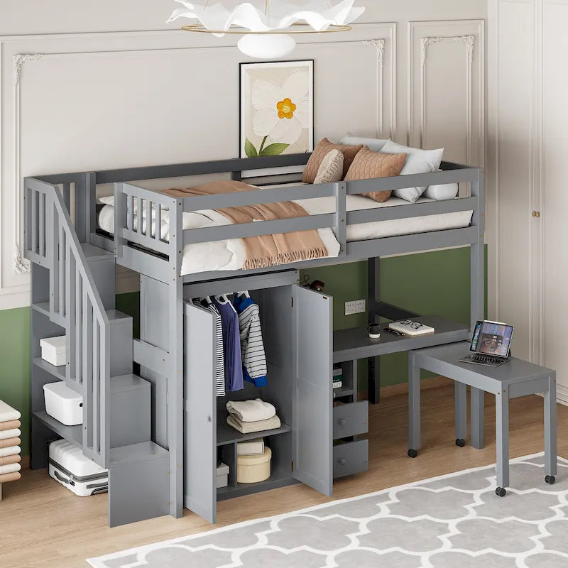 Twin Size Loft Bed with Stairs, Bookshelf, Desk & Wardrobe - Space-Saving Multifunctional Furniture for Kids & Teens-White