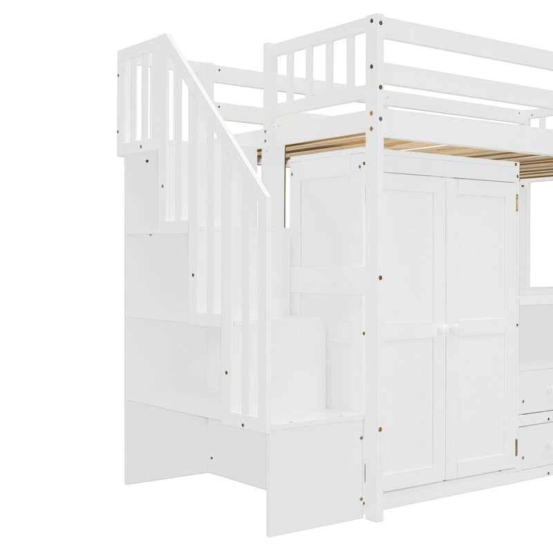 Twin Size Loft Bed with Stairs, Bookshelf, Desk & Wardrobe - Space-Saving Multifunctional Furniture for Kids & Teens-White