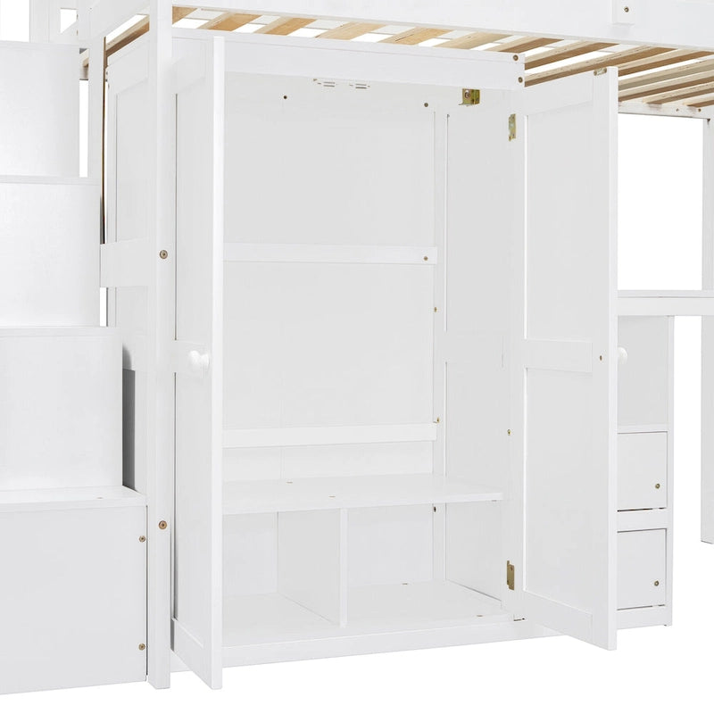 Twin Size Loft Bed with Stairs, Bookshelf, Desk & Wardrobe - Space-Saving Multifunctional Furniture for Kids & Teens-White