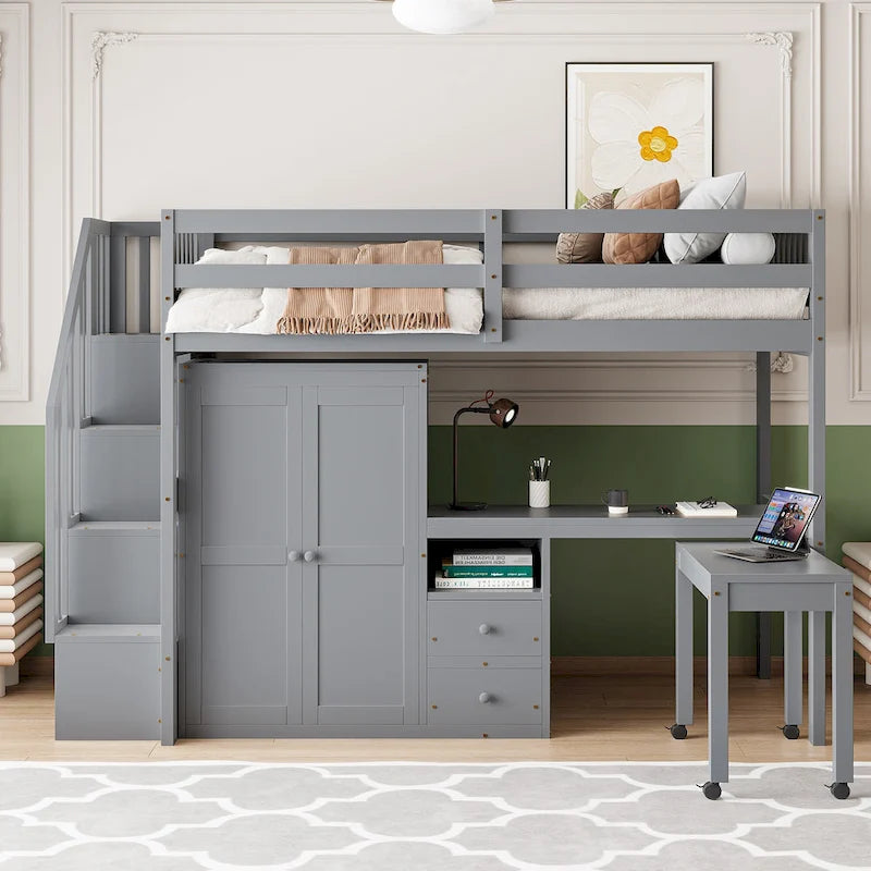 Twin Size Loft Bed with Stairs, Bookshelf, Desk & Wardrobe - Space-Saving Multifunctional Furniture for Kids & Teens-White