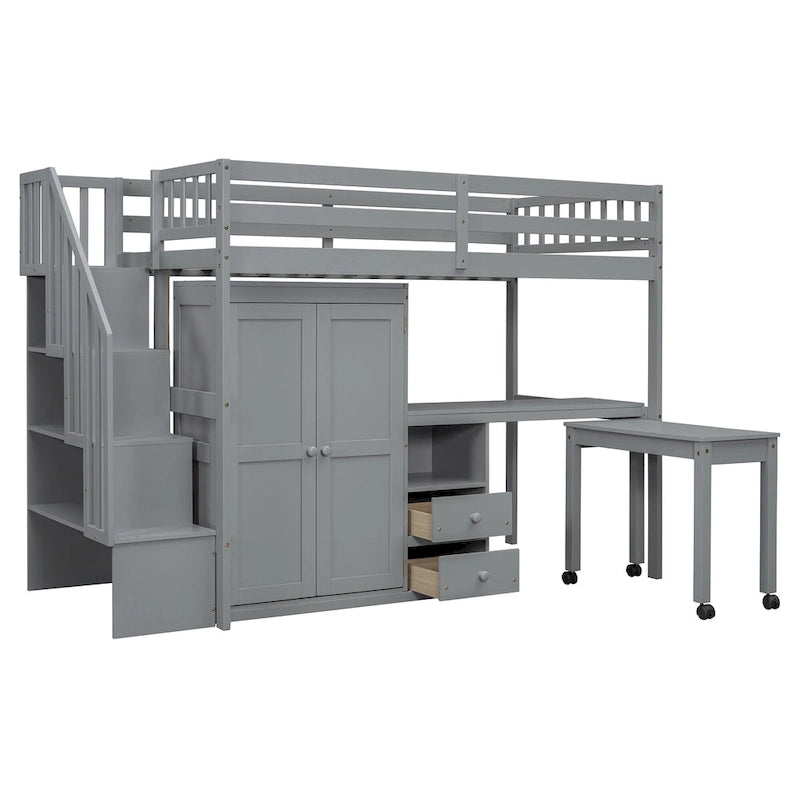 Twin Size Loft Bed with Stairs, Bookshelf, Desk & Wardrobe - Space-Saving Multifunctional Furniture for Kids & Teens-White
