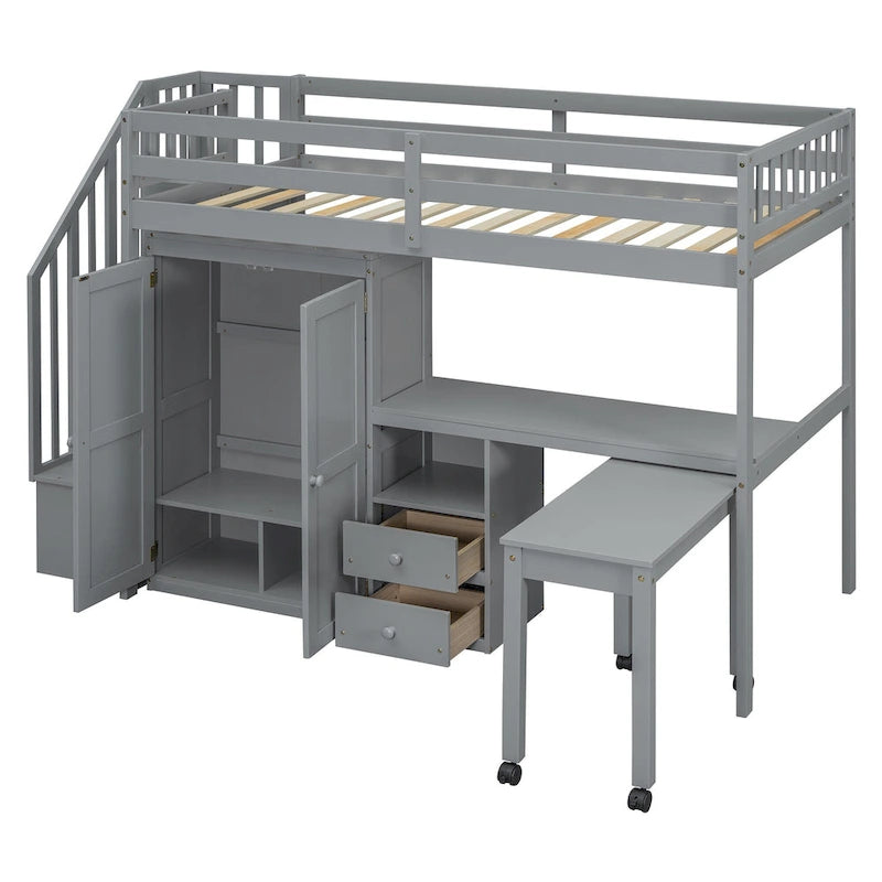 Twin Size Loft Bed with Stairs, Bookshelf, Desk & Wardrobe - Space-Saving Multifunctional Furniture for Kids & Teens-White