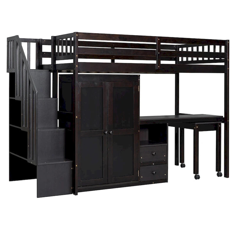 Twin Size Loft Bed with Stairs, Bookshelf, Desk & Wardrobe - Space-Saving Multifunctional Furniture for Kids & Teens-White