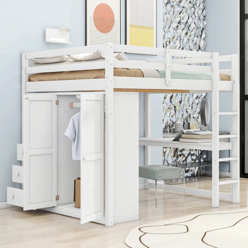 Wood Full Size Loft Bed w/Built-in Wardrobe, Desk, Storage Shelves