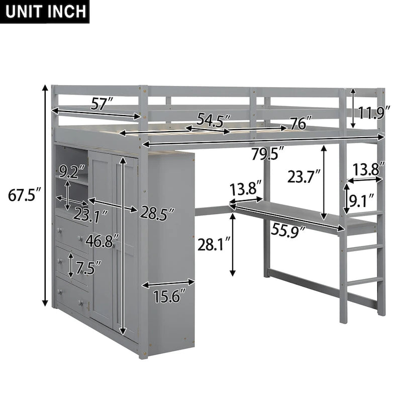 Wood Full Size Loft Bed w/Built-in Wardrobe, Desk, Storage Shelves