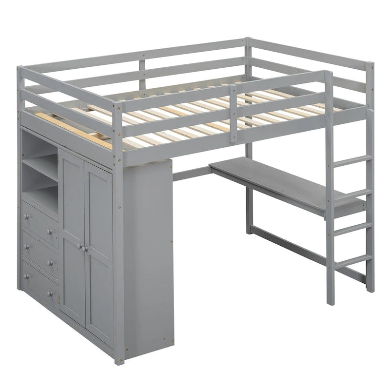 Wood Full Size Loft Bed w/Built-in Wardrobe, Desk, Storage Shelves
