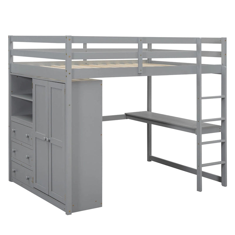 Wood Full Size Loft Bed w/Built-in Wardrobe, Desk, Storage Shelves