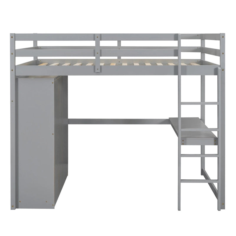 Wood Full Size Loft Bed w/Built-in Wardrobe, Desk, Storage Shelves