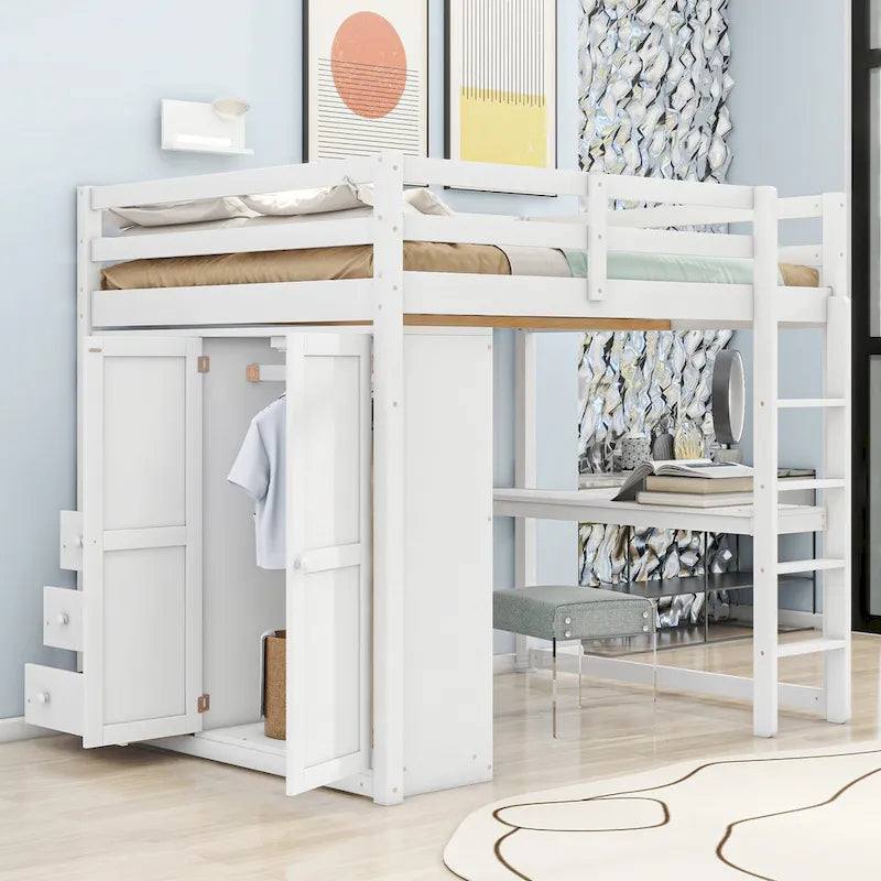Wood Full Size Loft Bed w/Built-in Wardrobe, Desk, Storage Shelves