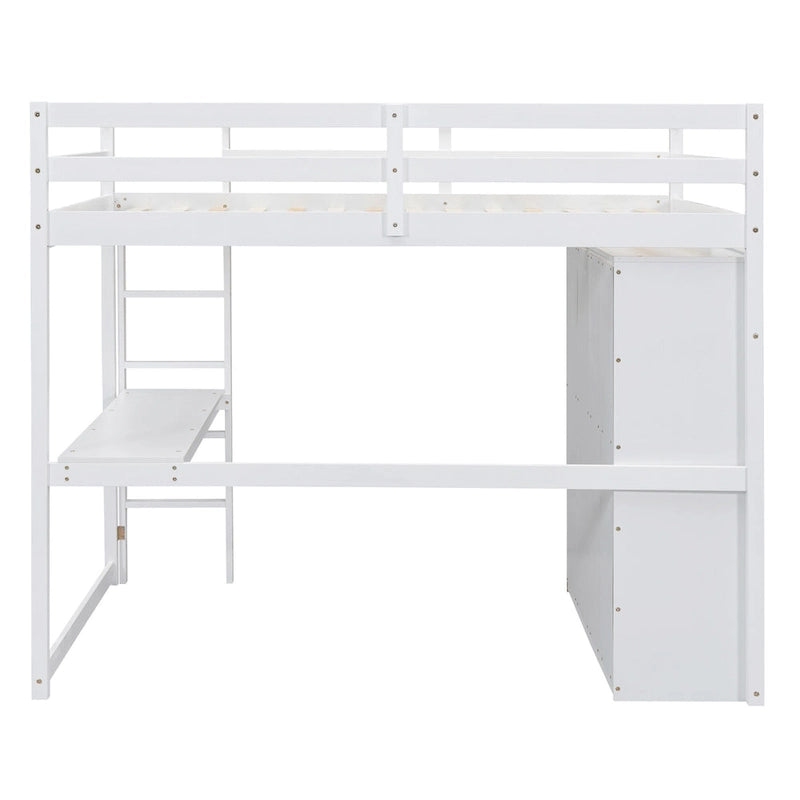 Wood Full Size Loft Bed w/Built-in Wardrobe, Desk, Storage Shelves