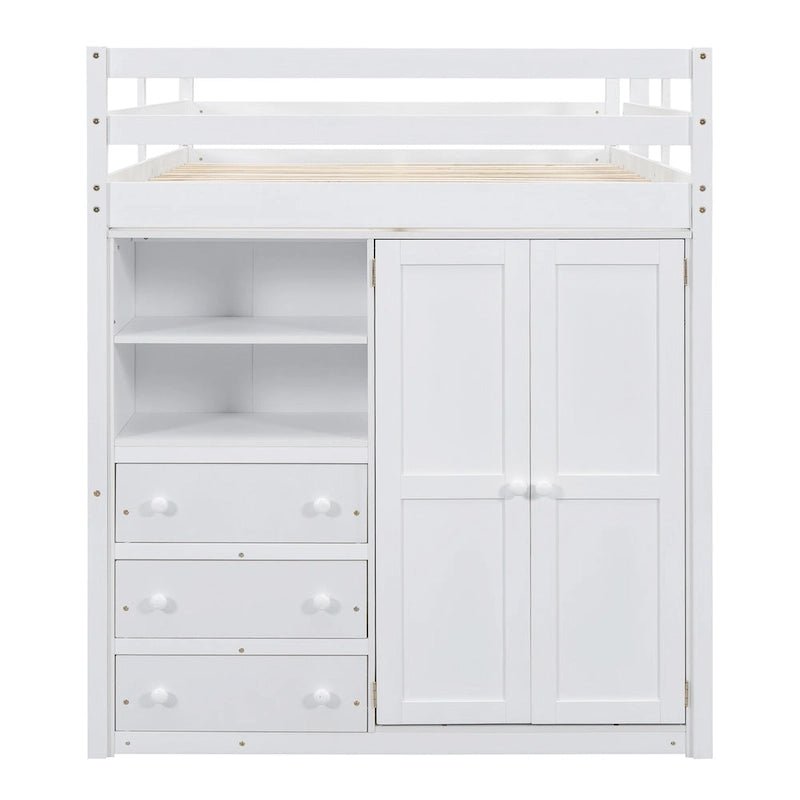 Wood Full Size Loft Bed w/Built-in Wardrobe, Desk, Storage Shelves