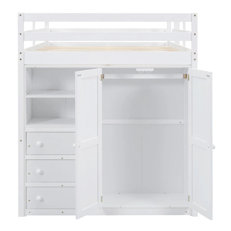 Wood Full Size Loft Bed w/Built-in Wardrobe, Desk, Storage Shelves