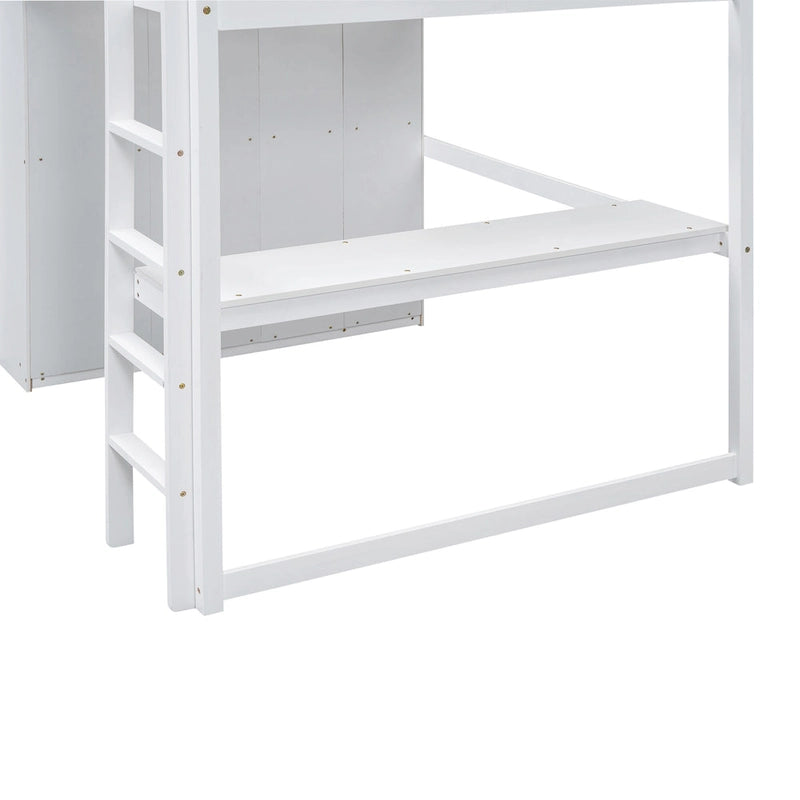 Wood Full Size Loft Bed w/Built-in Wardrobe, Desk, Storage Shelves