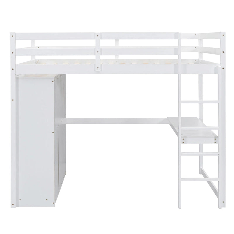 Wood Full Size Loft Bed w/Built-in Wardrobe, Desk, Storage Shelves
