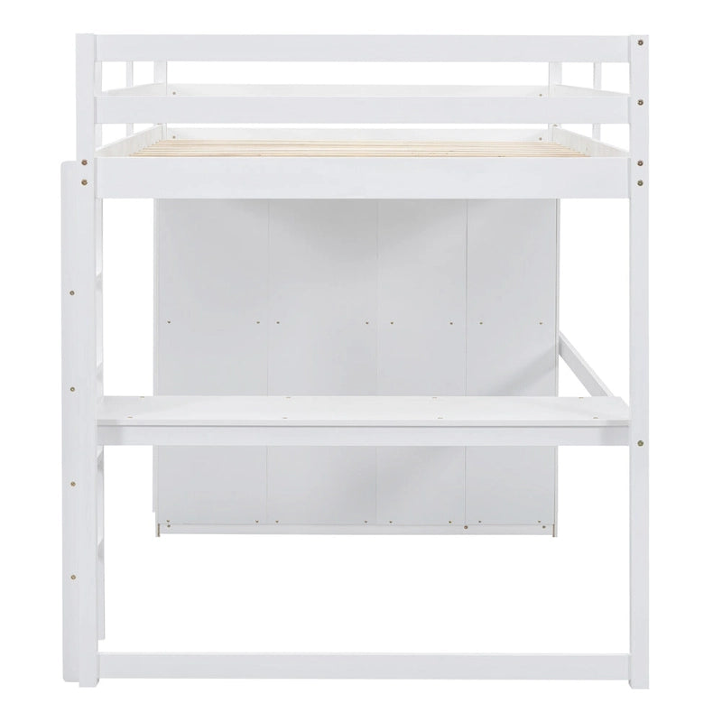 Wood Full Size Loft Bed w/Built-in Wardrobe, Desk, Storage Shelves