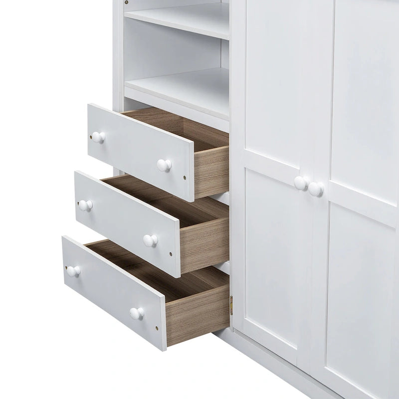 Wood Full Size Loft Bed w/Built-in Wardrobe, Desk, Storage Shelves
