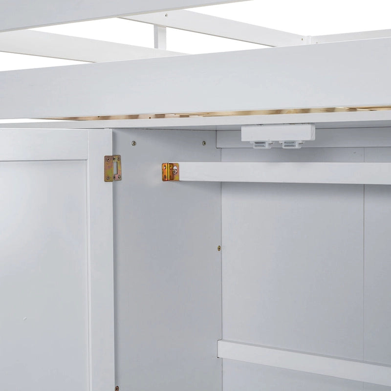 Wood Full Size Loft Bed w/Built-in Wardrobe, Desk, Storage Shelves