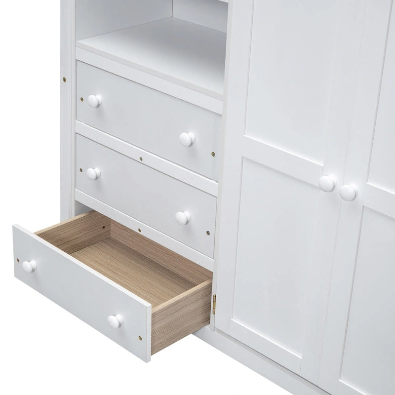 Wood Full Size Loft Bed w/Built-in Wardrobe, Desk, Storage Shelves