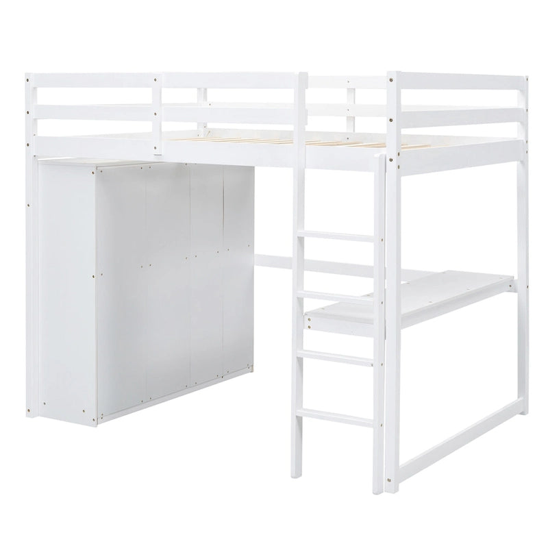 Wood Full Size Loft Bed w/Built-in Wardrobe, Desk, Storage Shelves