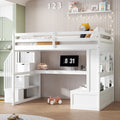 Full Size Loft Bed with Desk and Shelves, 2 Built-in Drawers, Storage Staircase, White and Natural