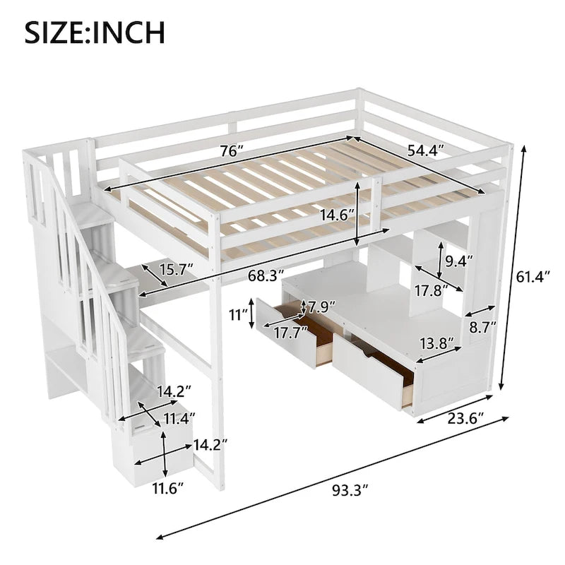 Full Size Loft Bed with Desk and Shelves, 2 Built-in Drawers, Storage Staircase, White and Natural
